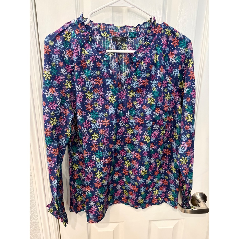 Talbots Blouse Navy Blue Metallic Snowflake Print Ruffle Neck Winter Holiday Top